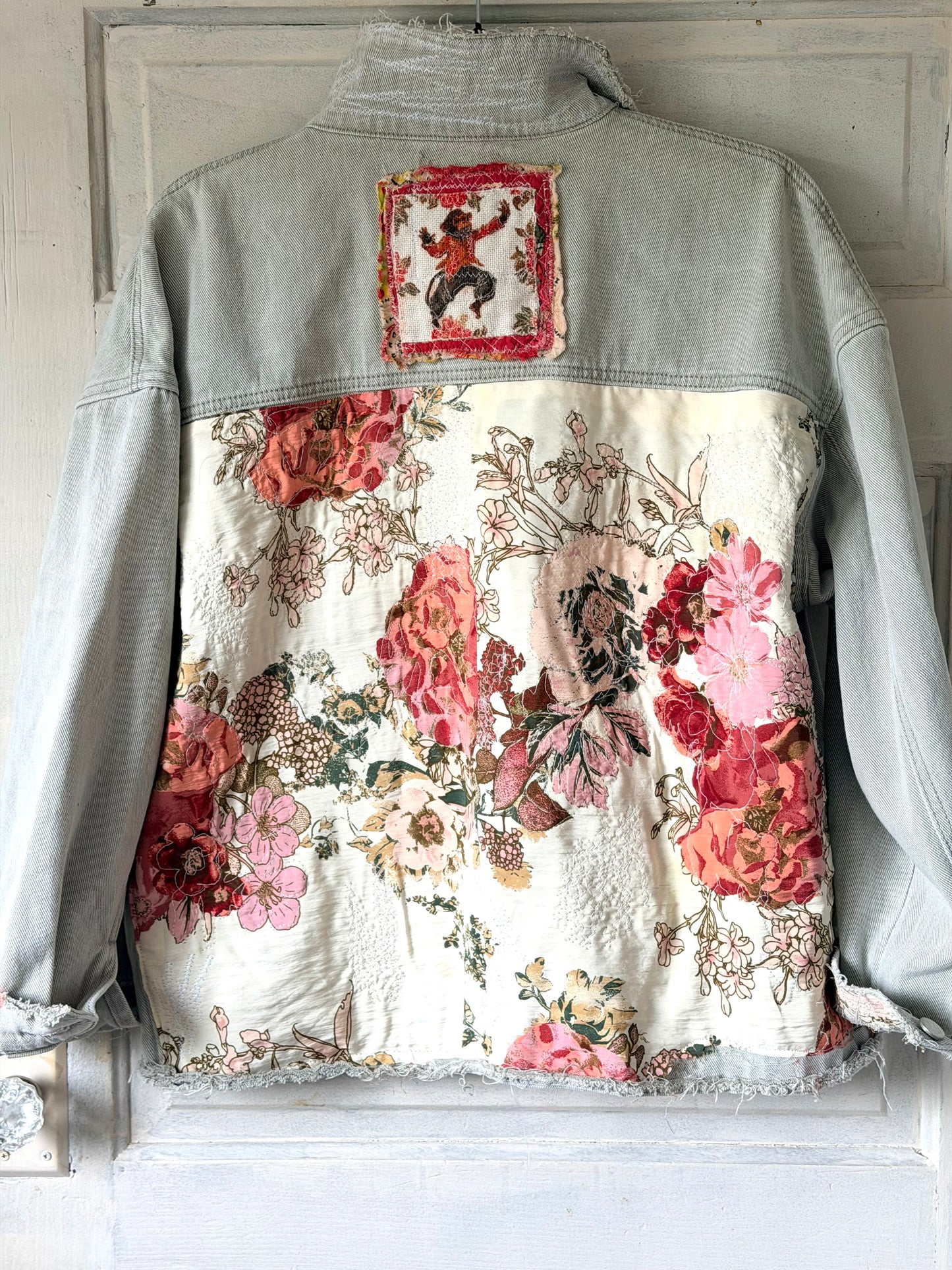Upcycled Jean jacket, floral jacket, fabric art jacket remade