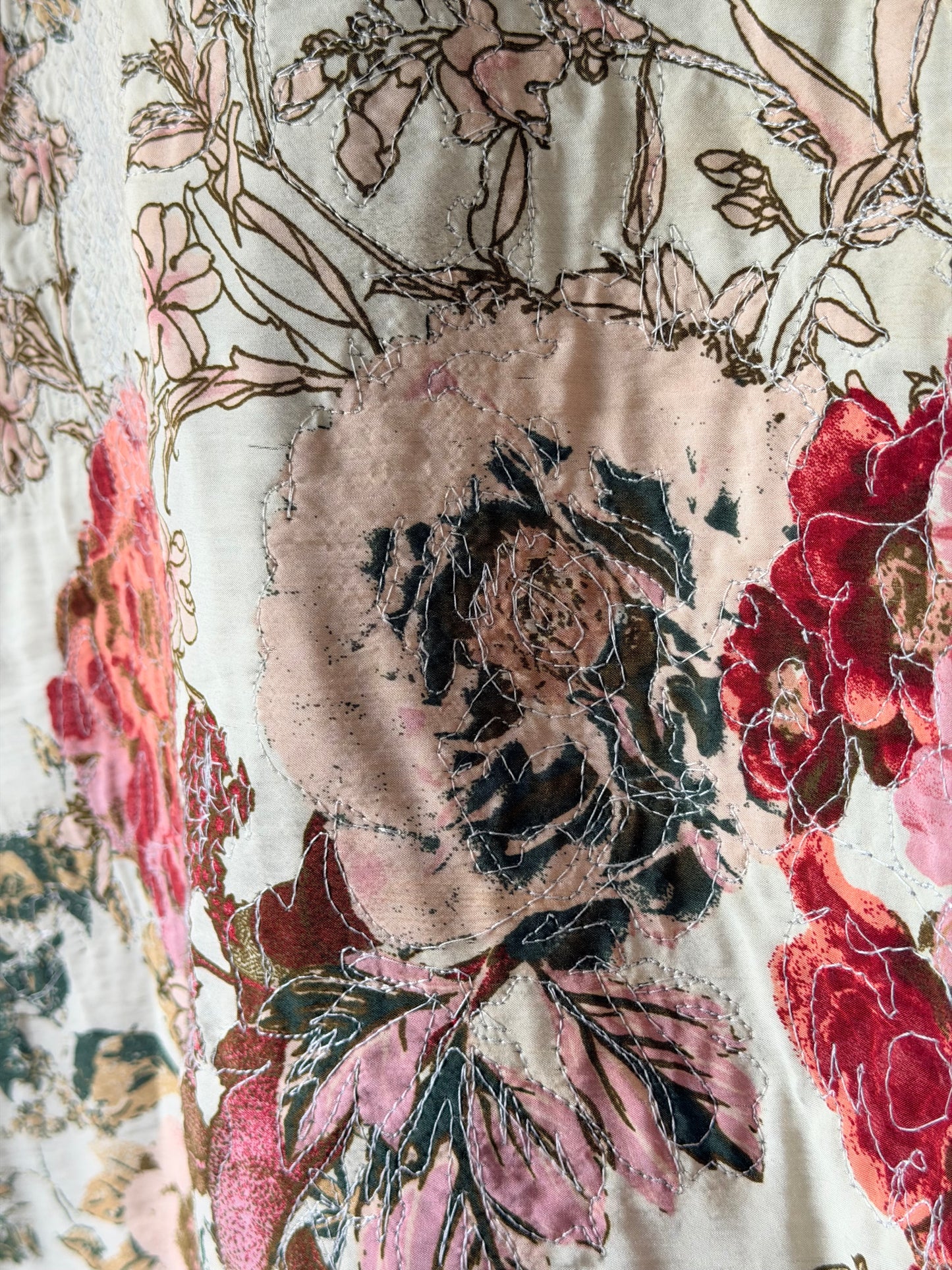 Upcycled Jean jacket, floral jacket, fabric art jacket remade