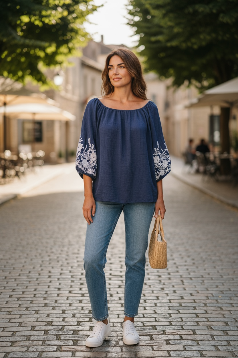 Navy embroidered blouse, reloved sustainable recycled clothing