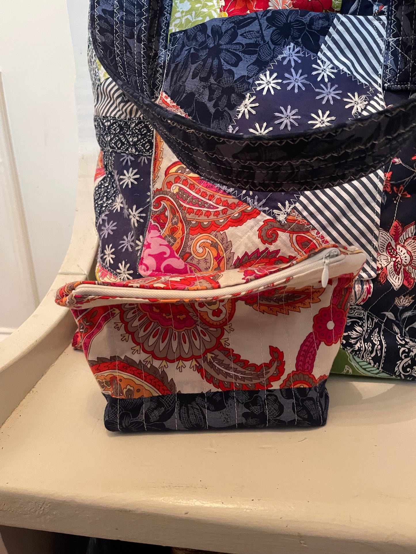 Patchwork tote bag, upcycled fabric tote bag, navy patterned, quilted tote