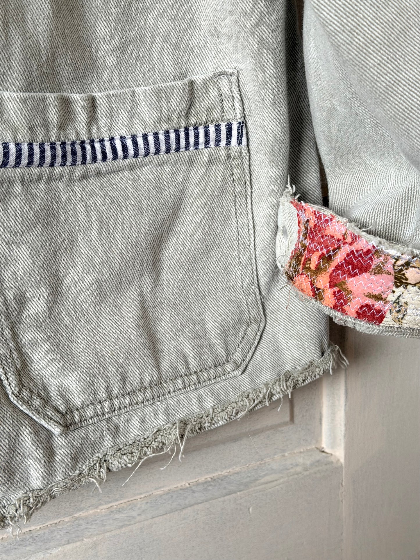 Upcycled Jean jacket, floral jacket, fabric art jacket remade