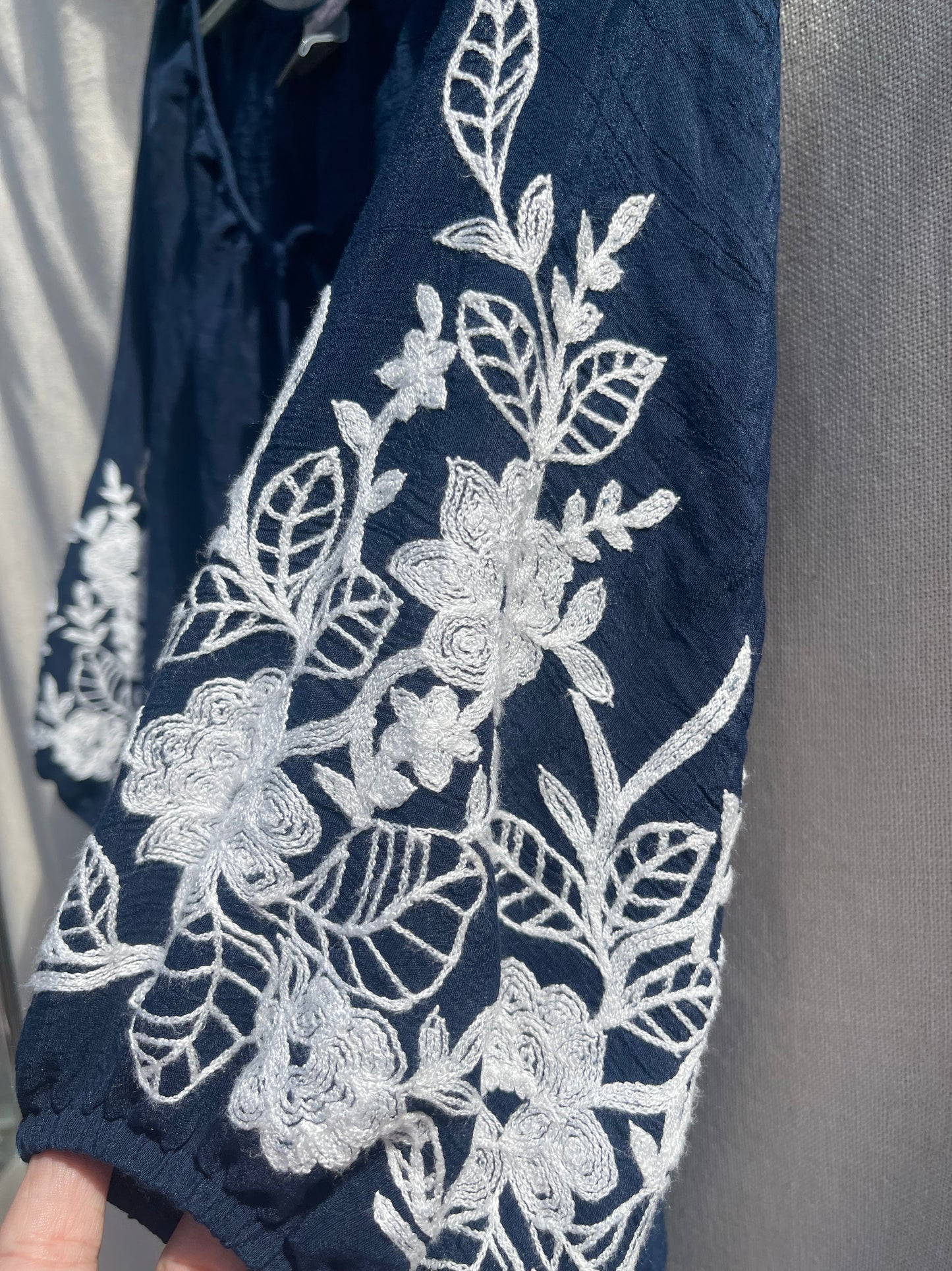 Navy embroidered blouse, reloved sustainable recycled clothing