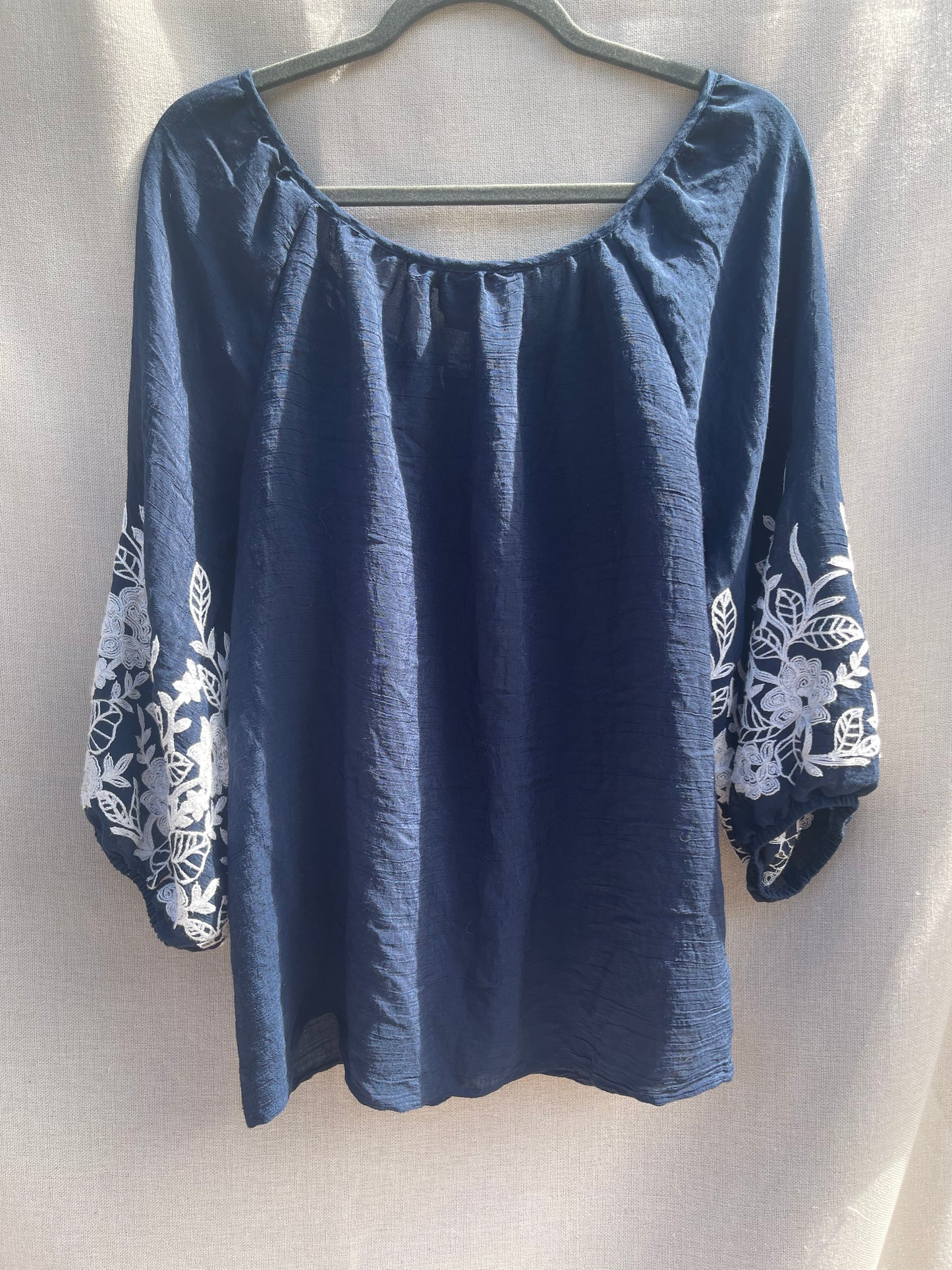 Navy embroidered blouse, reloved sustainable recycled clothing