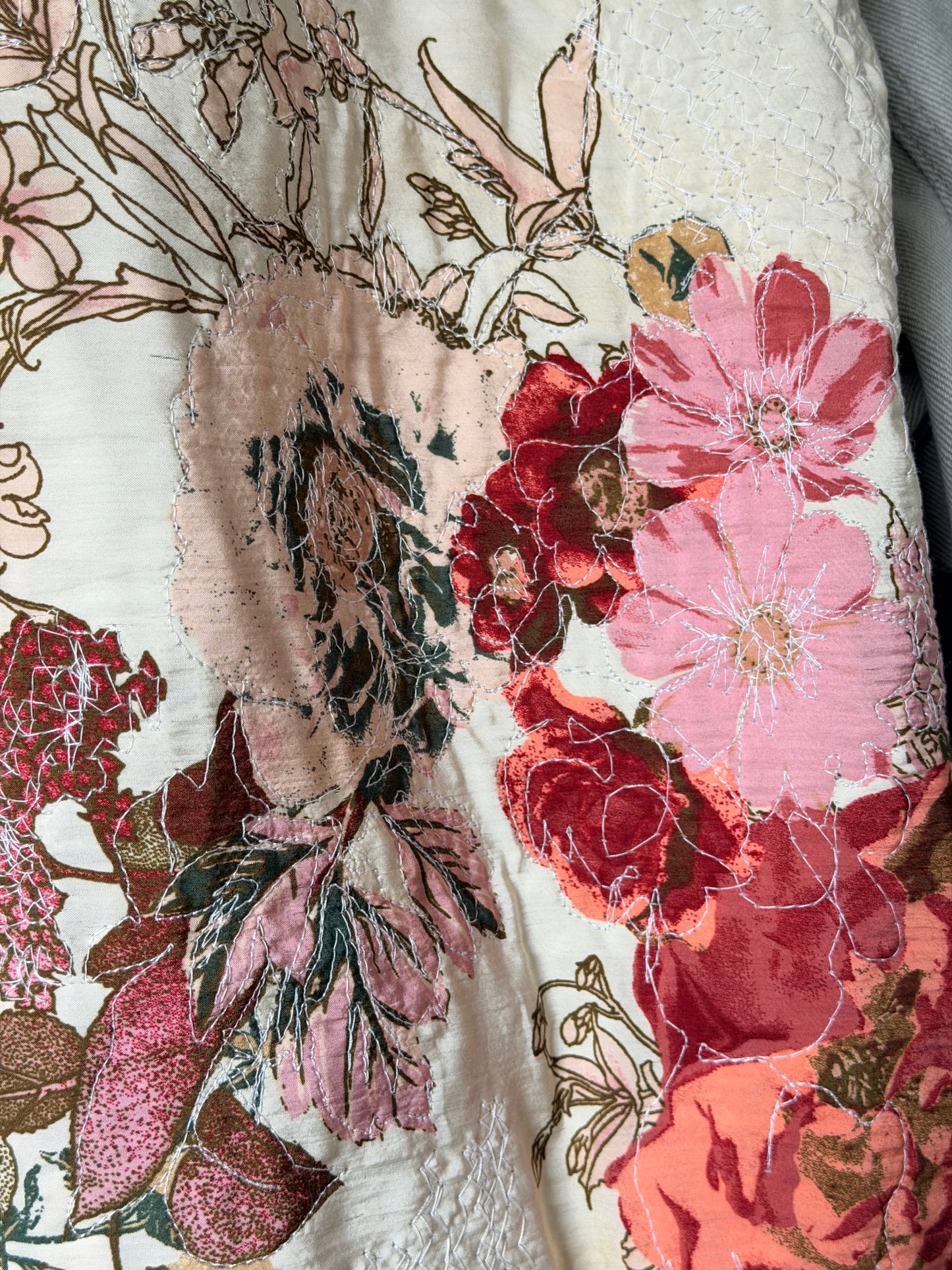 Upcycled Jean jacket, floral jacket, fabric art jacket remade