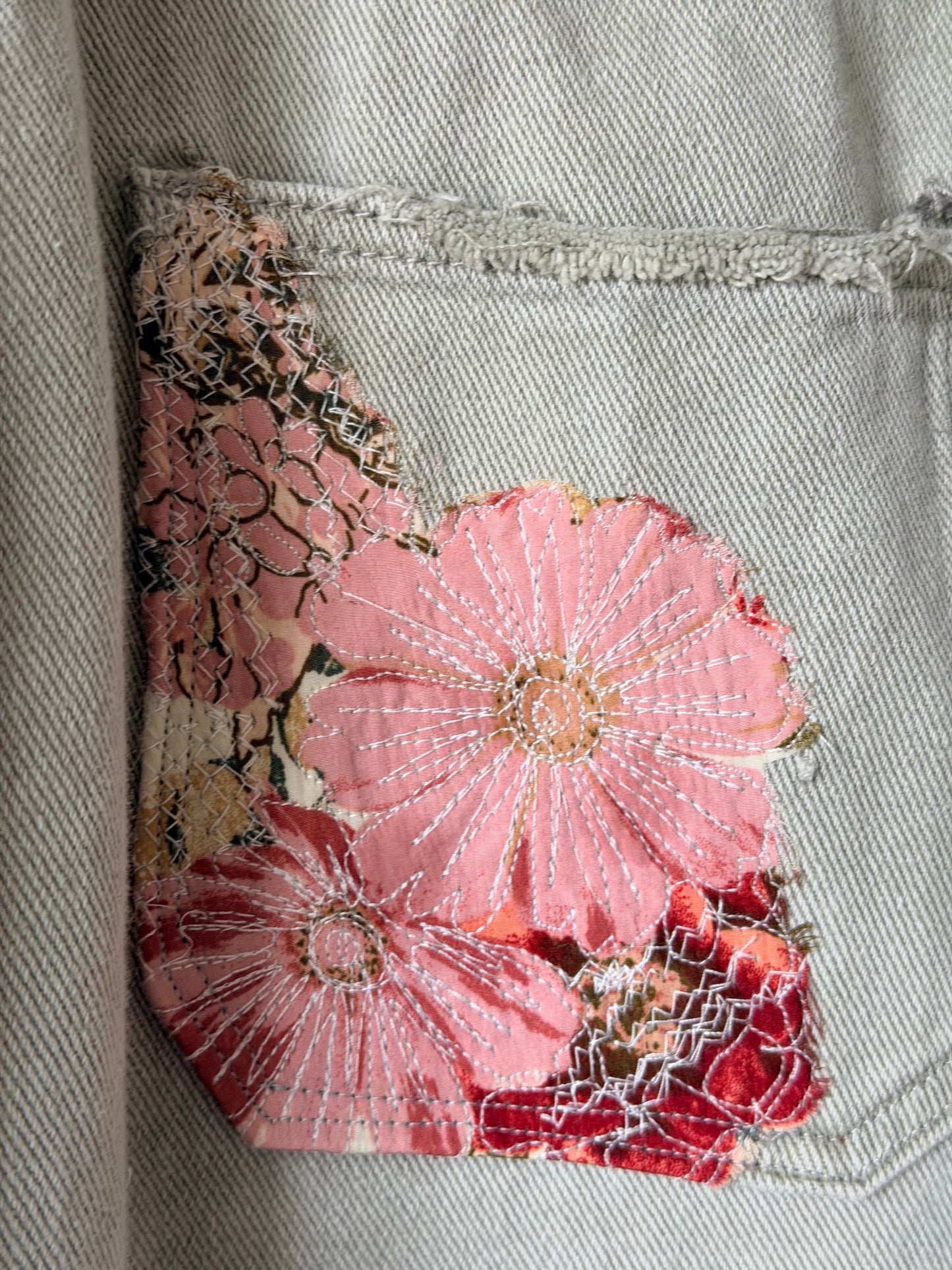 Upcycled Jean jacket, floral jacket, fabric art jacket remade