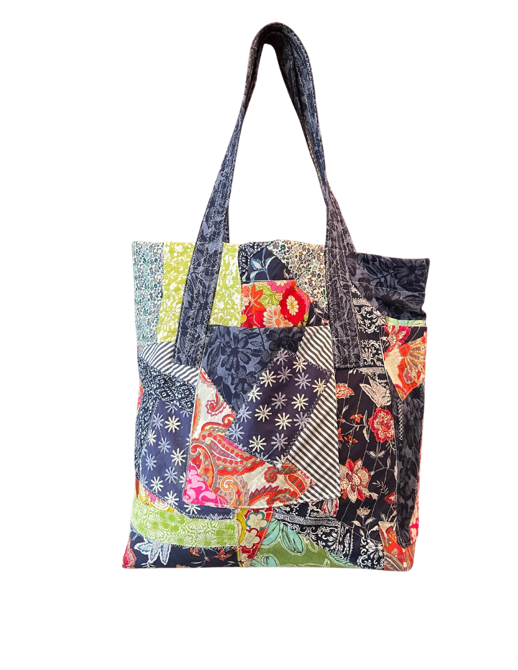 Patchwork tote bag, upcycled fabric tote bag, navy patterned, quilted tote