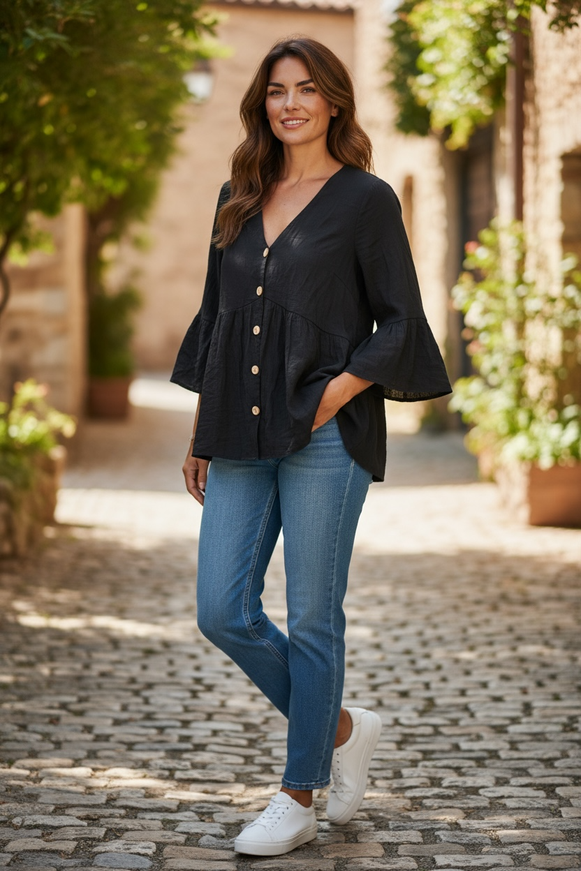 Black flowy top, casual shirt bell sleeves