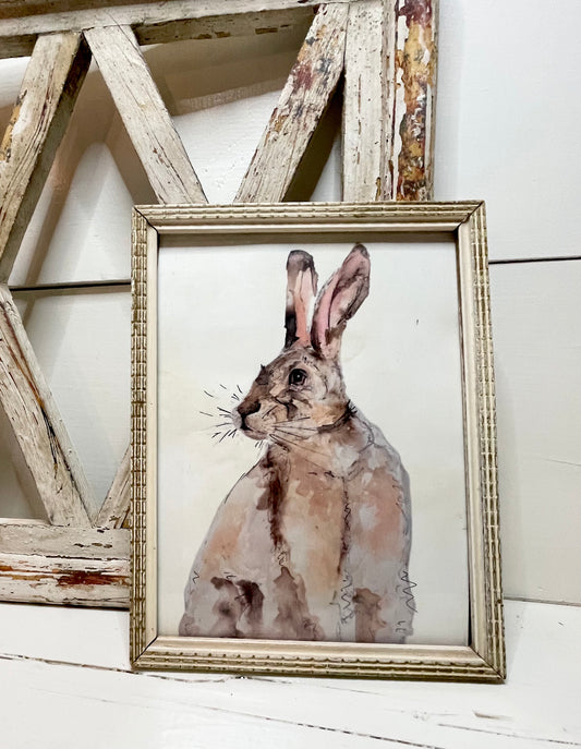 Vintage framed bunny print, rabbit watercolor