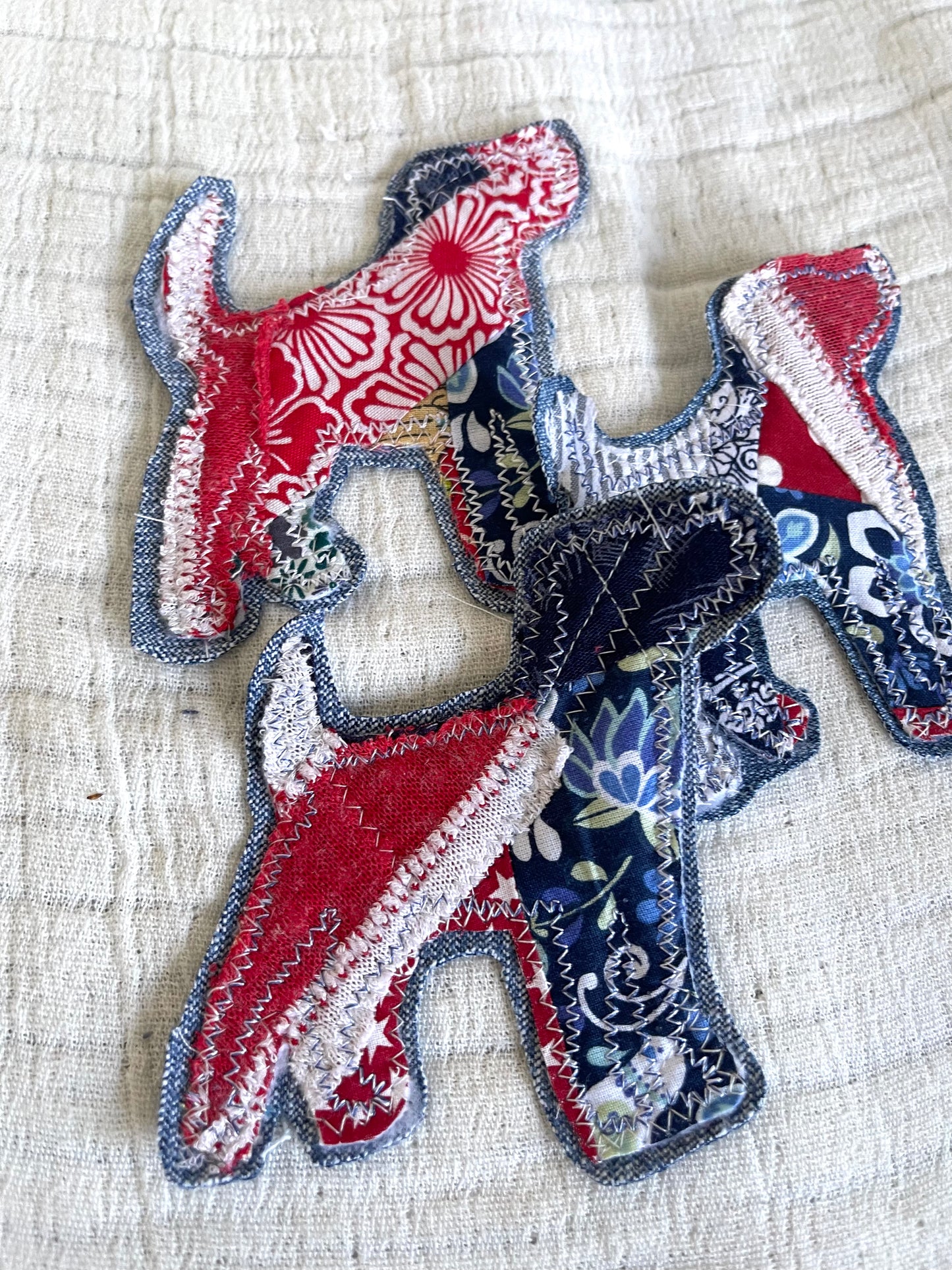 Patriotic denim applique, red white and blue dog applique patch, upcycled denim embellishments DIY upcycled denim supplies