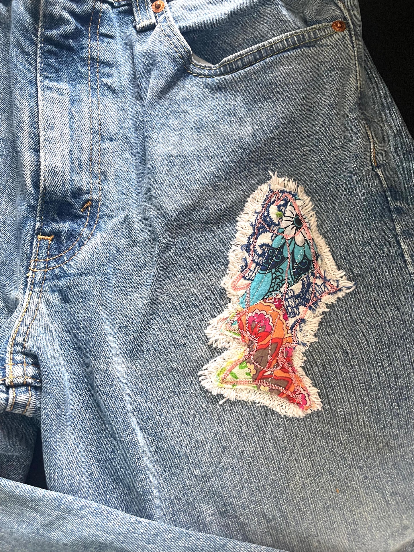 Fabric fish patch, upcycled jean patch, boho hippie appliquéd patch