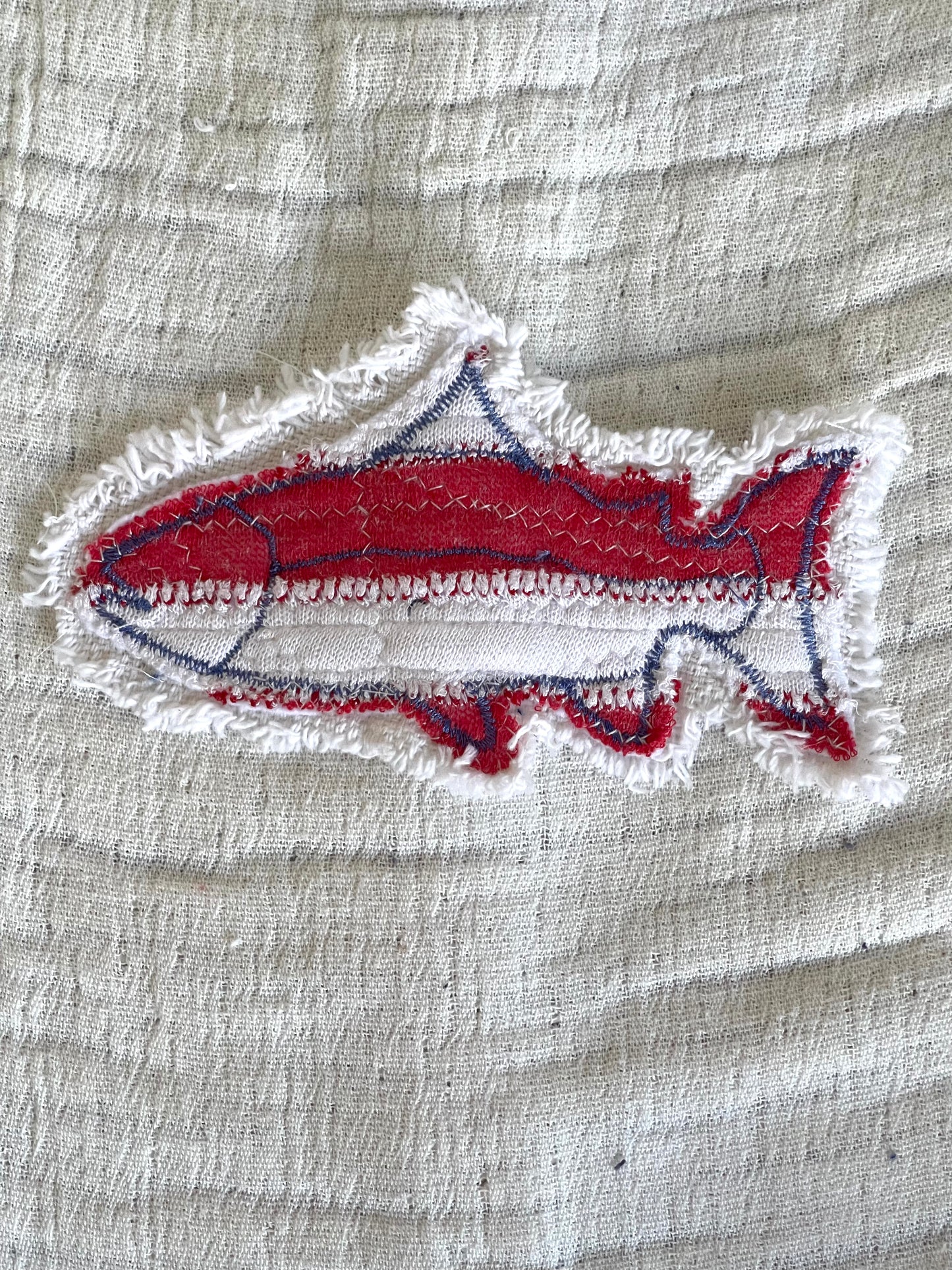 Patriotic denim applique, red white and blue fish applique patch, upcycled denim embellishments DIY upcycled denim supplies