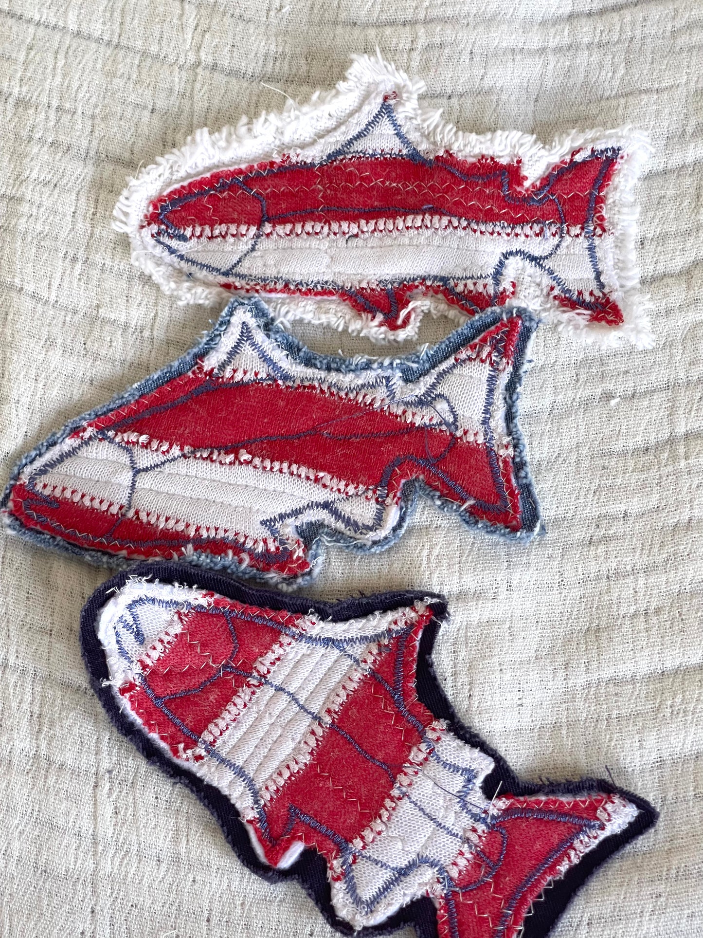Patriotic denim applique, red white and blue fish applique patch, upcycled denim embellishments DIY upcycled denim supplies