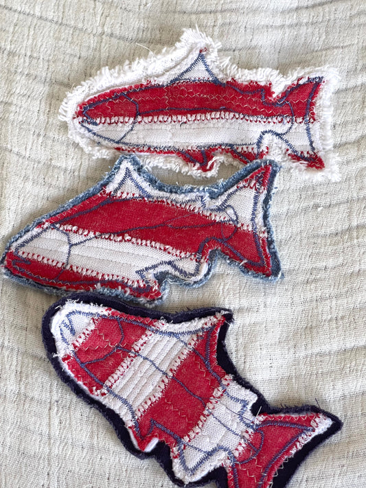 Patriotic denim applique, red white and blue fish applique patch, upcycled denim embellishments DIY upcycled denim supplies
