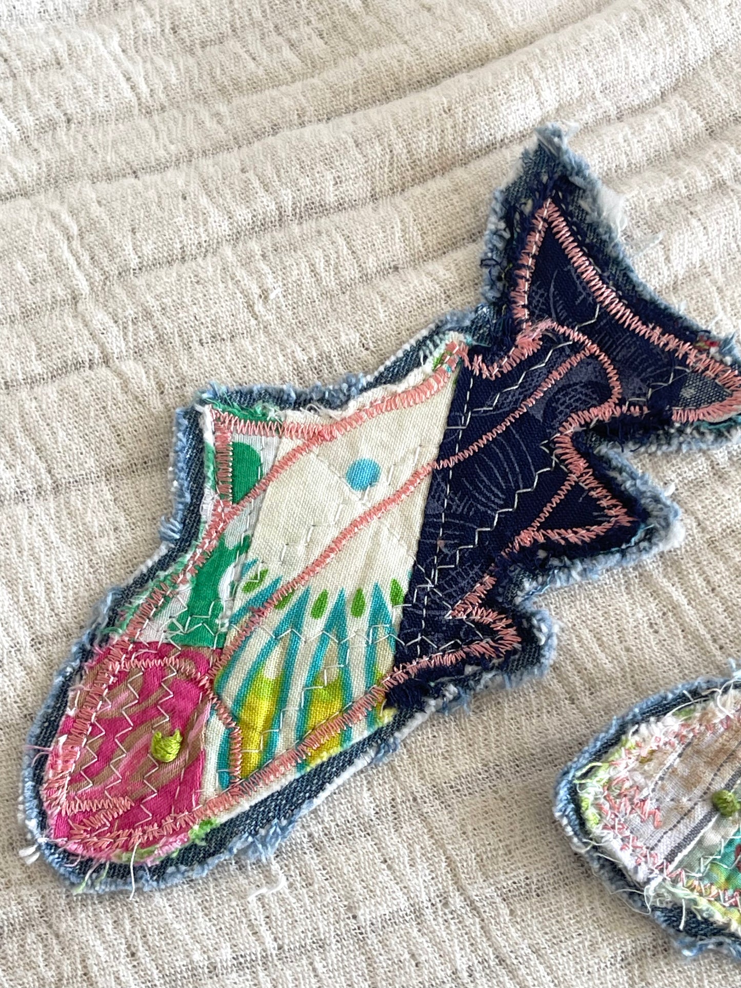 Fabric fish patch, upcycled jean patch, boho hippie appliquéd patch