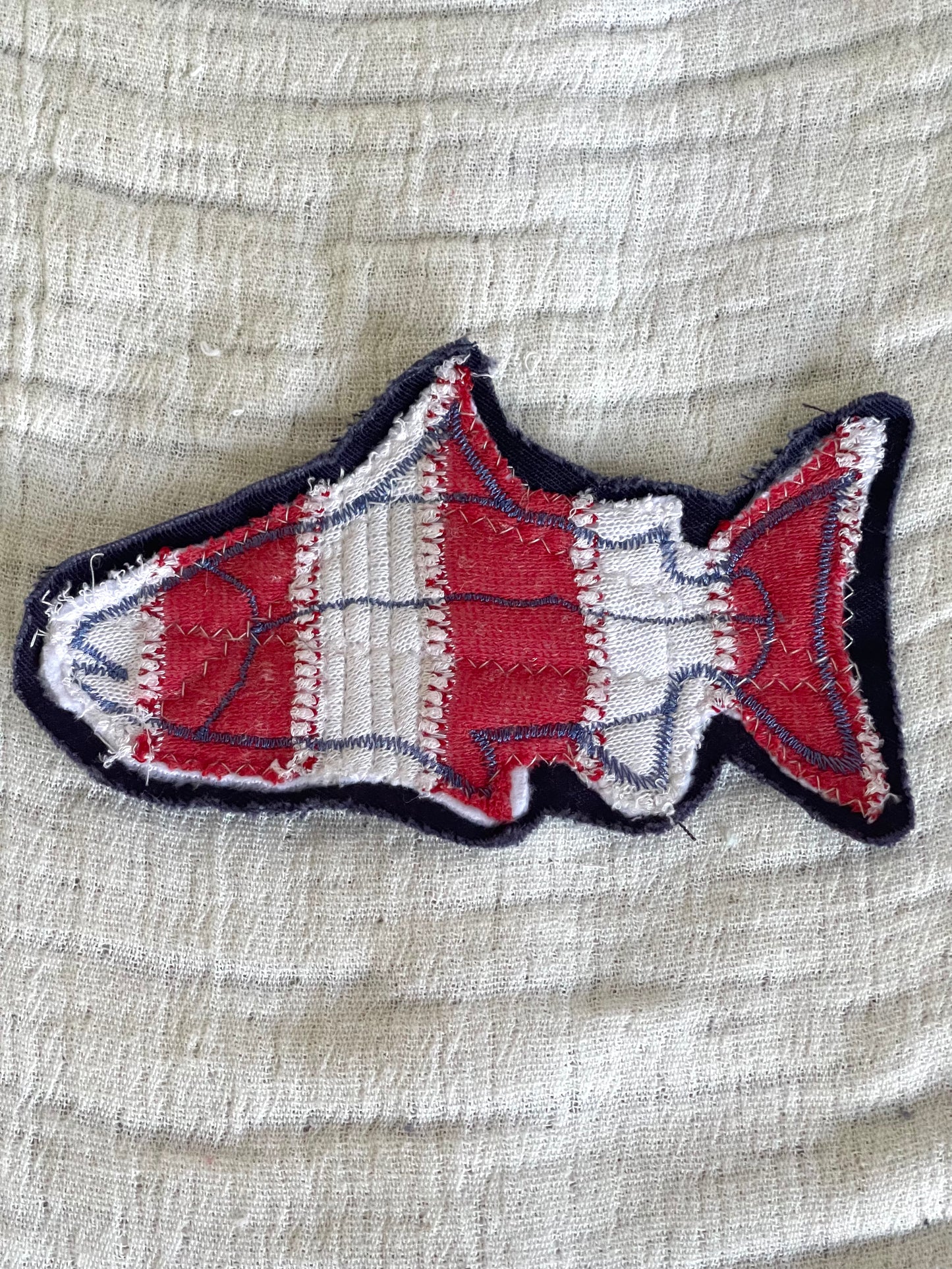 Patriotic denim applique, red white and blue fish applique patch, upcycled denim embellishments DIY upcycled denim supplies