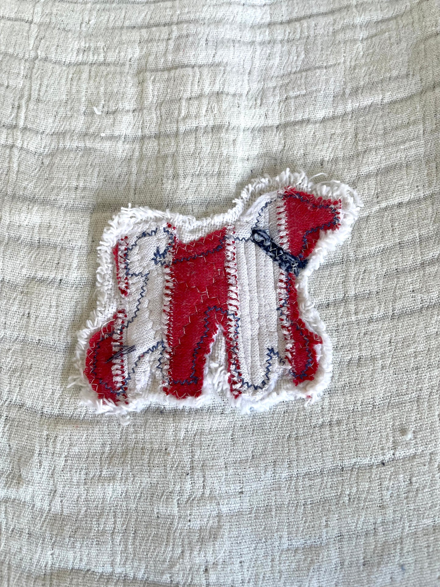 Patriotic denim applique, red white and blue dog applique patch, upcycled denim embellishments DIY upcycled denim supplies
