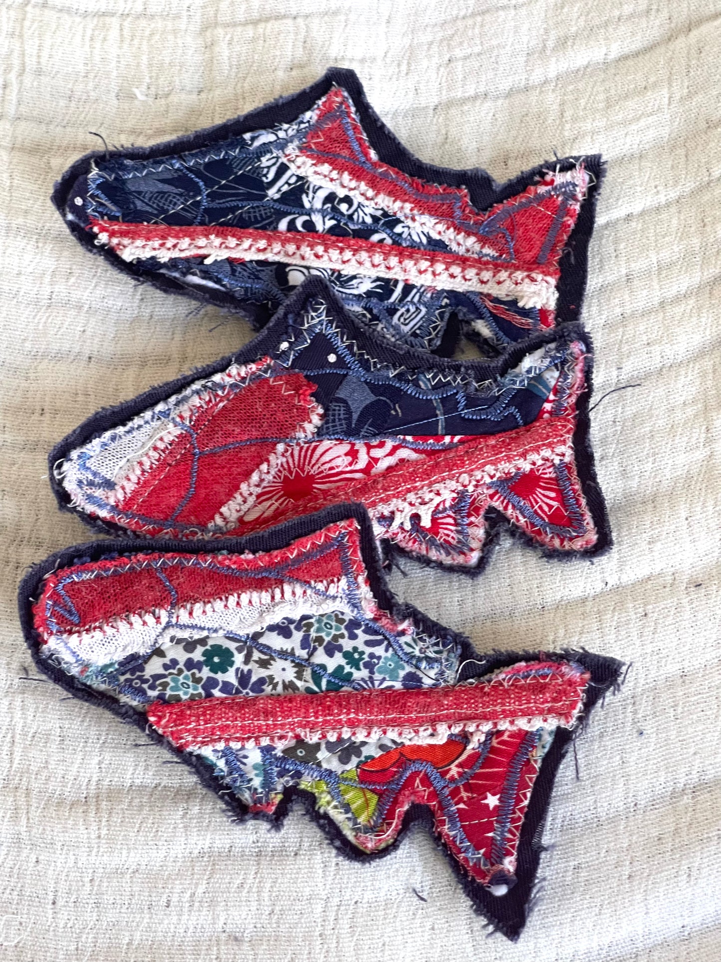 Patriotic denim applique, red white and blue fish applique patch, upcycled denim embellishments DIY upcycled denim supplies