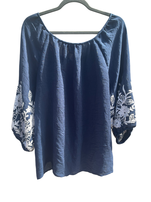 Navy embroidered blouse, reloved sustainable recycled clothing