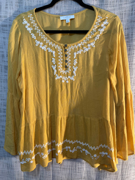 Boho flowy top, sunny gold shirt, embroidered blouse
