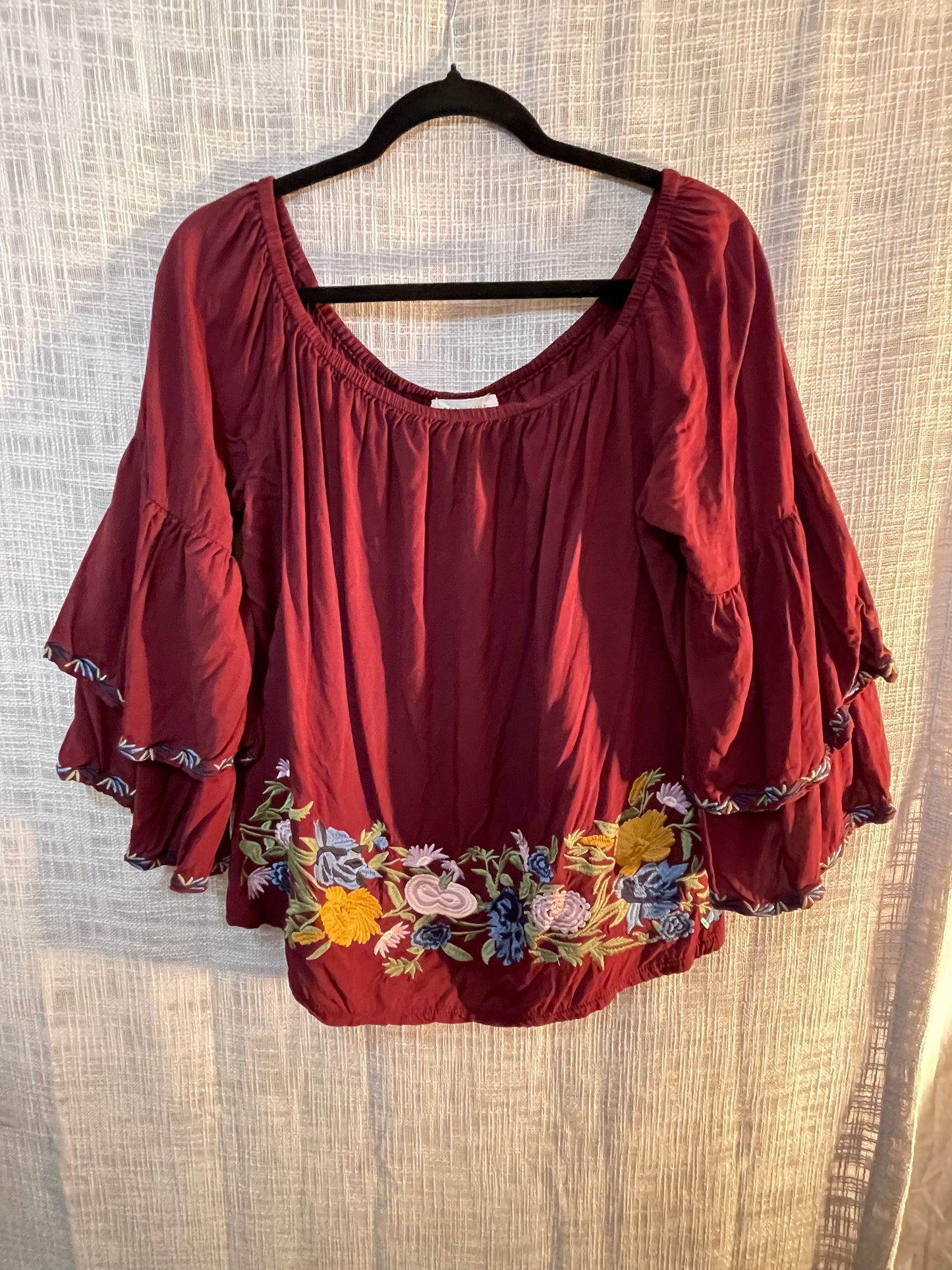 Embroidered peasant top, bohemian styled shirt, gently used