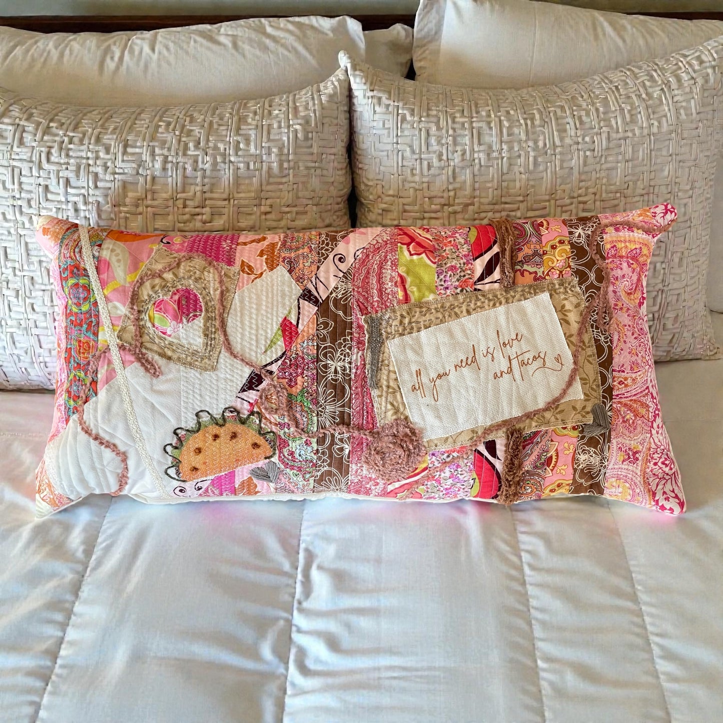 Valentine pillow, love and tacos pillow, handmade upcycled pink quilted pillow