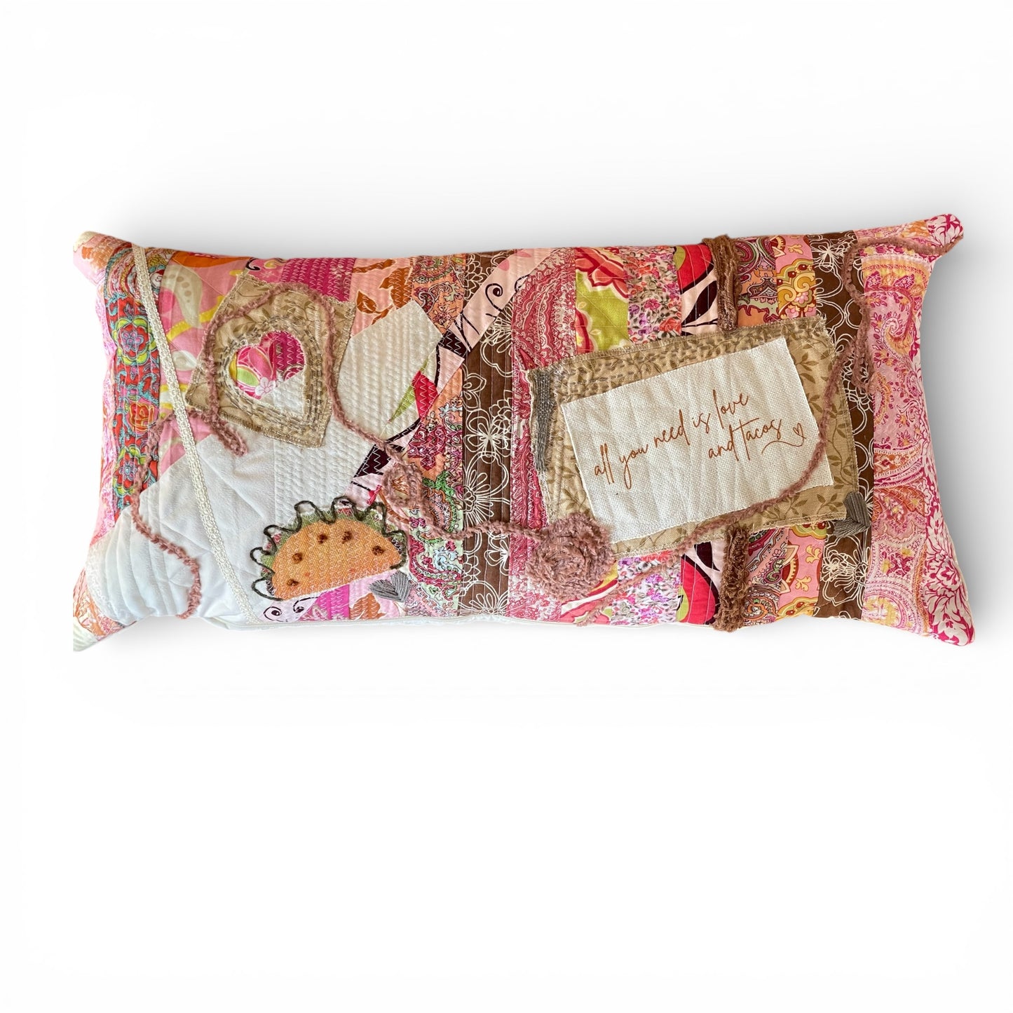 Valentine pillow, love and tacos pillow, handmade upcycled pink quilted pillow