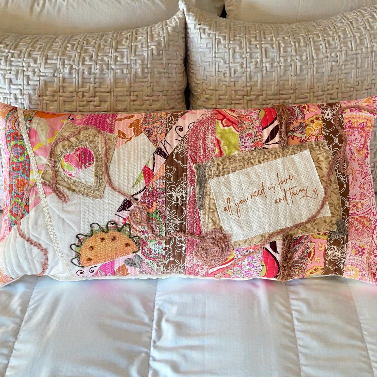 Valentine pillow, love and tacos pillow, handmade upcycled pink quilted pillow