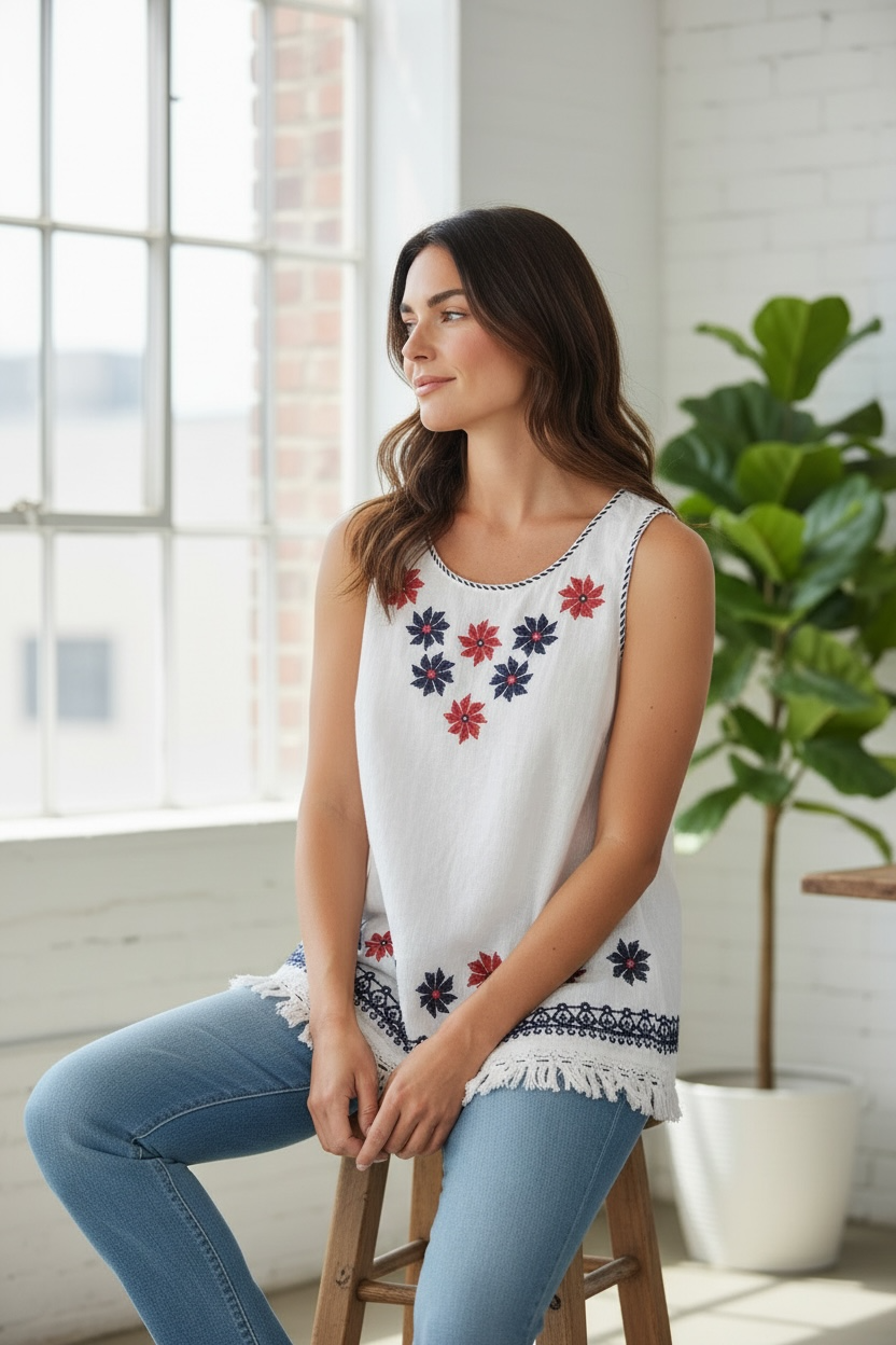 embroidered flowy tank, red white and blue tank top