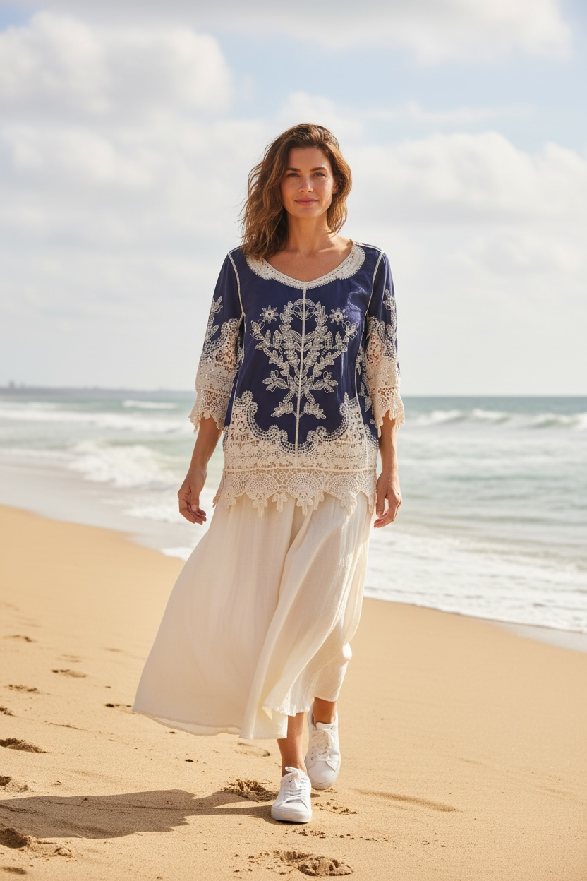 boho embroidered shirt, embroidery and lace design flowy top
