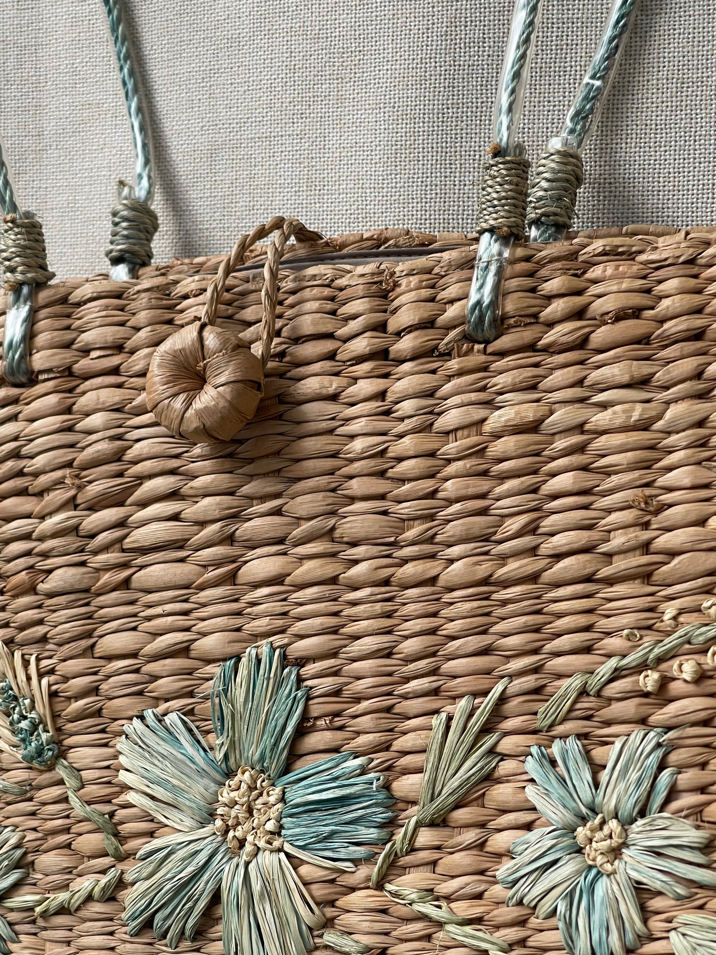 Vintage straw tote, embroidered flower summer hand bag