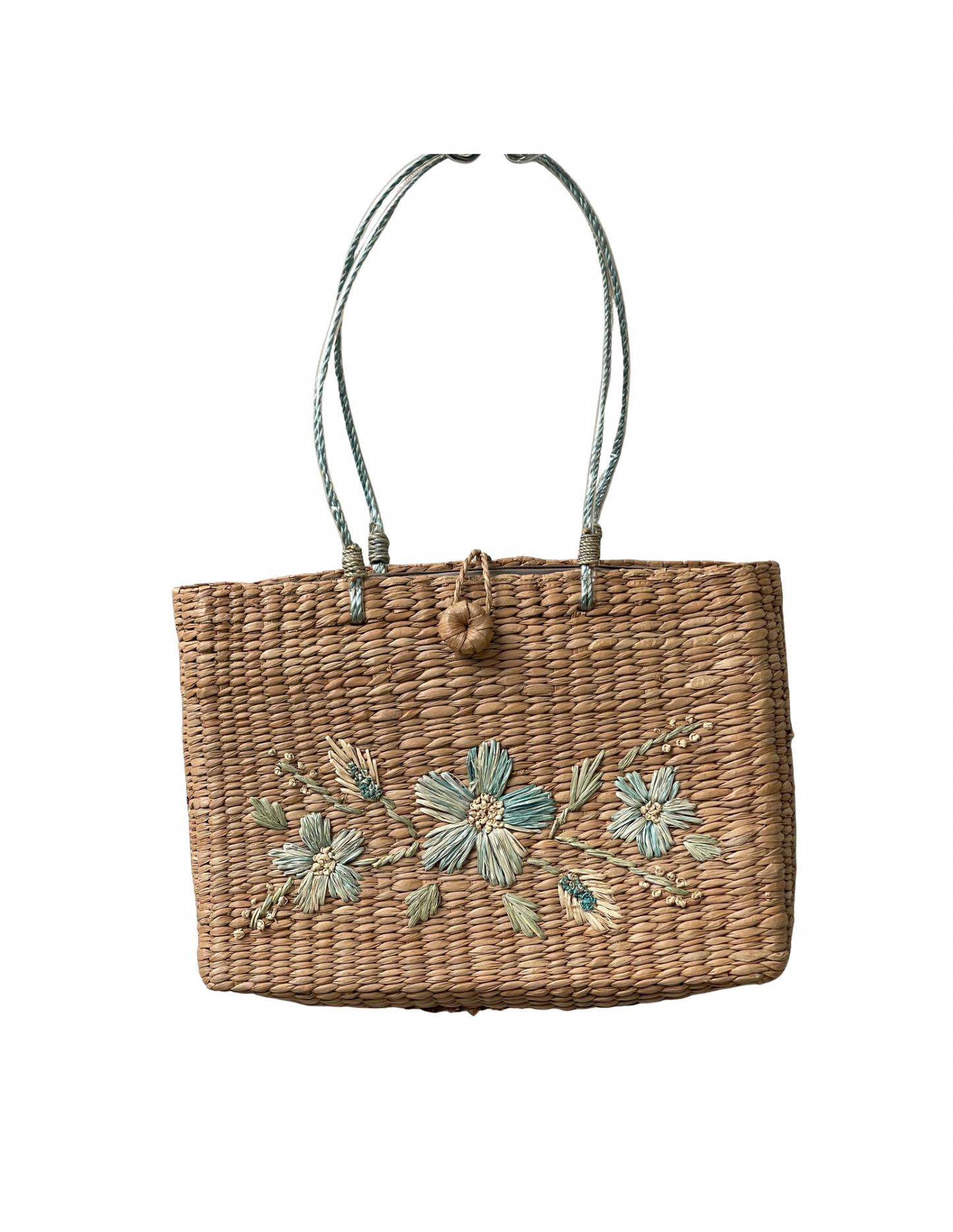 Vintage straw tote, embroidered flower summer hand bag
