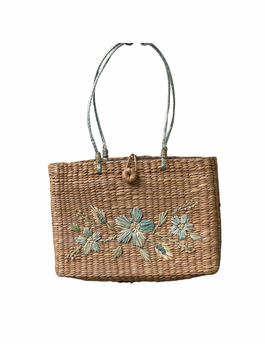 Vintage straw tote, embroidered flower summer hand bag