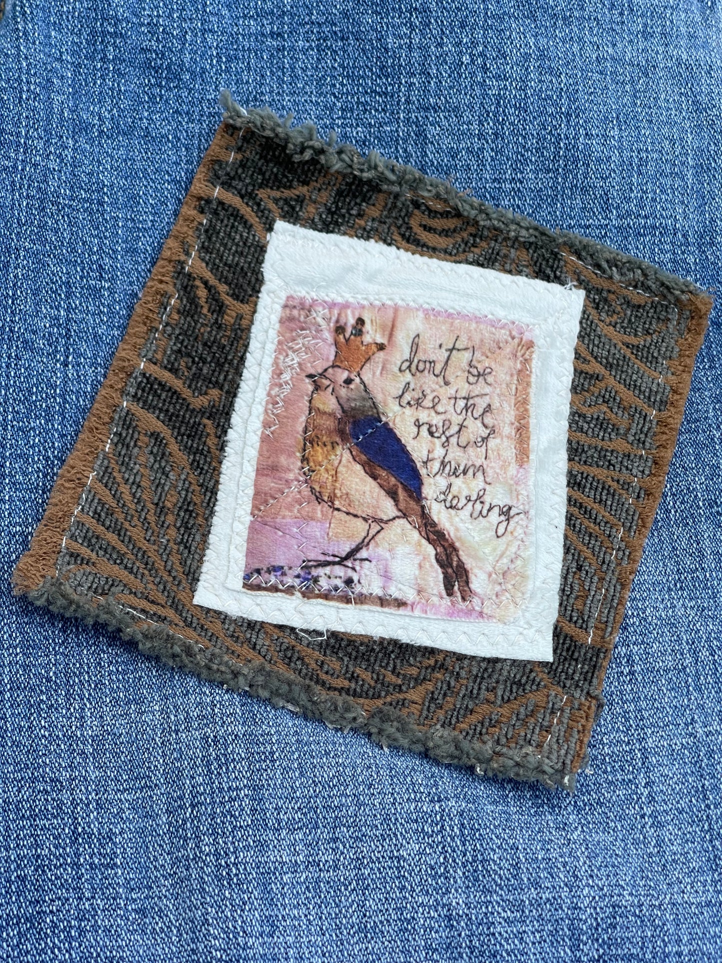 Slow stitch bird appliqué patch. Boho hippie upcycled denim patch