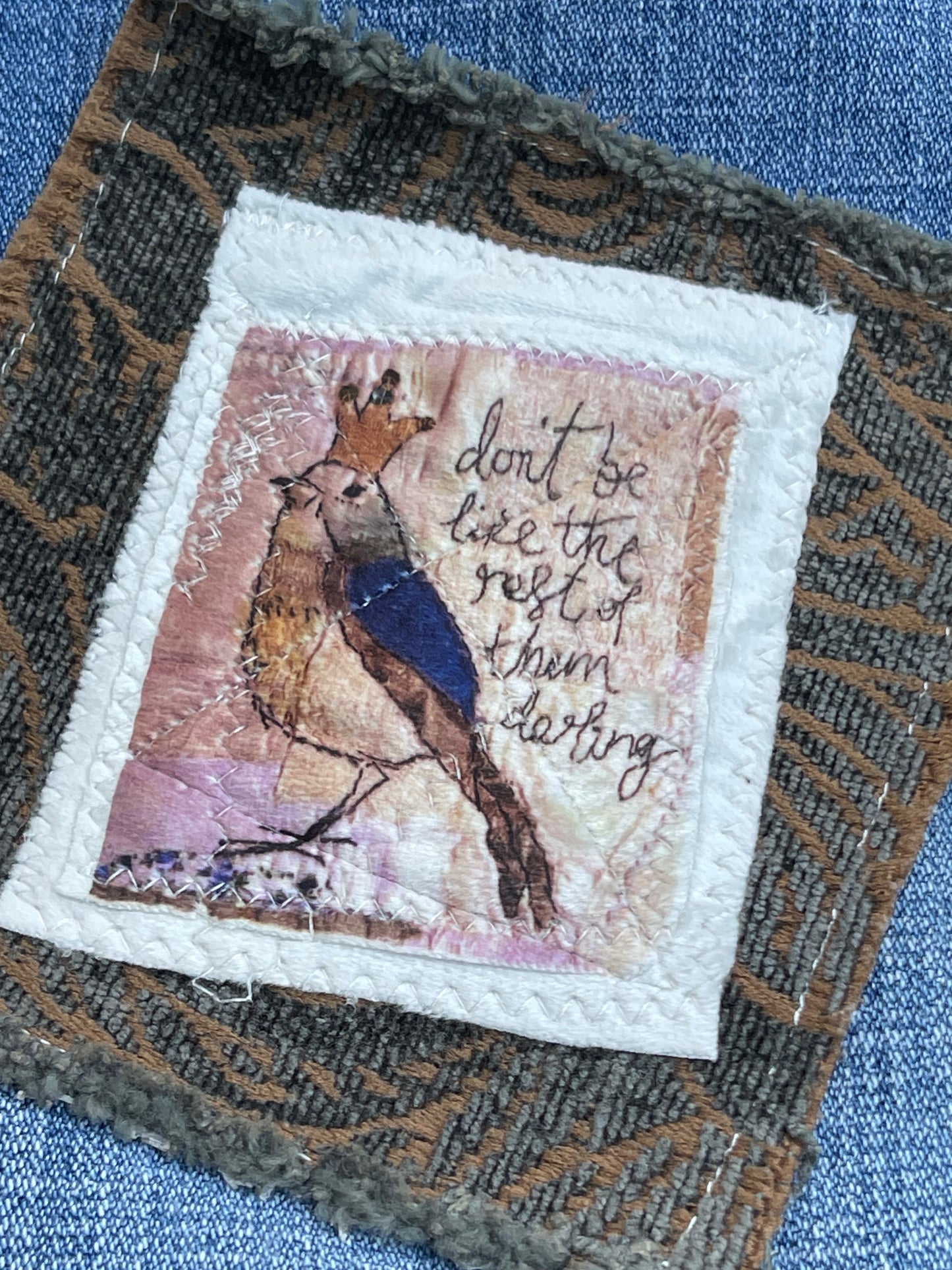 Slow stitch bird appliqué patch. Boho hippie upcycled denim patch