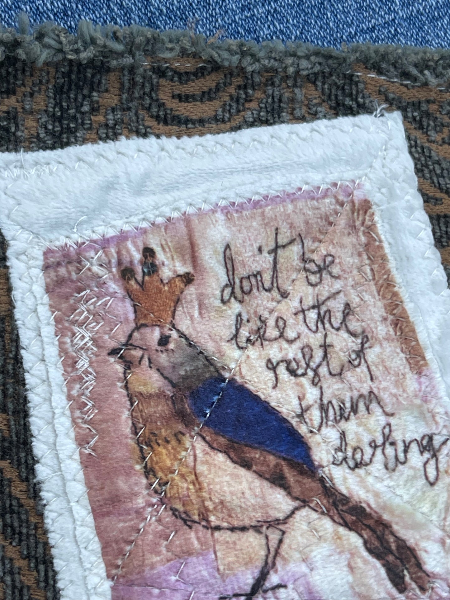 Slow stitch bird appliqué patch. Boho hippie upcycled denim patch