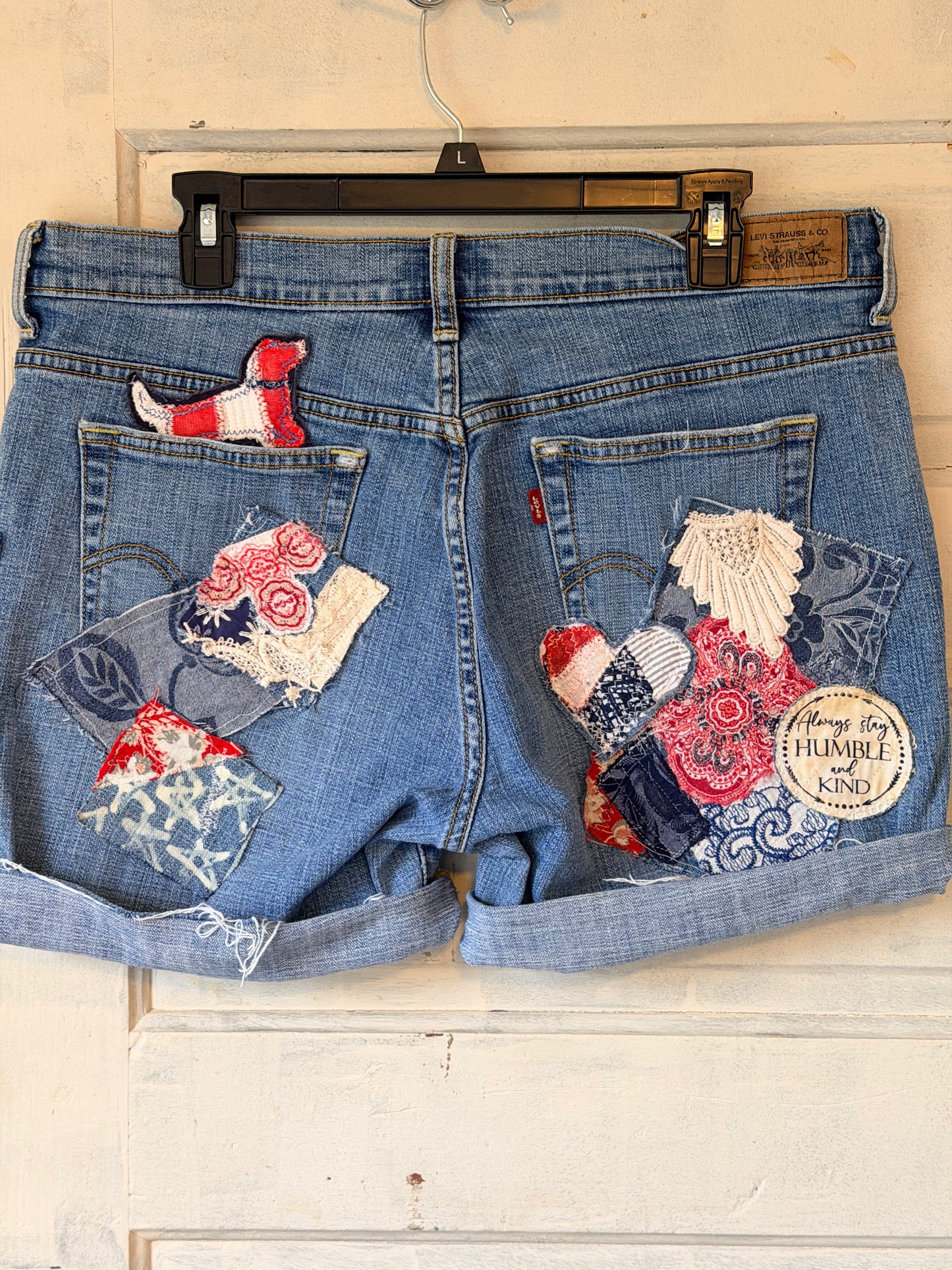 Boho patched jean shorts, upcycled patriotic denim, fabric art handmade denim