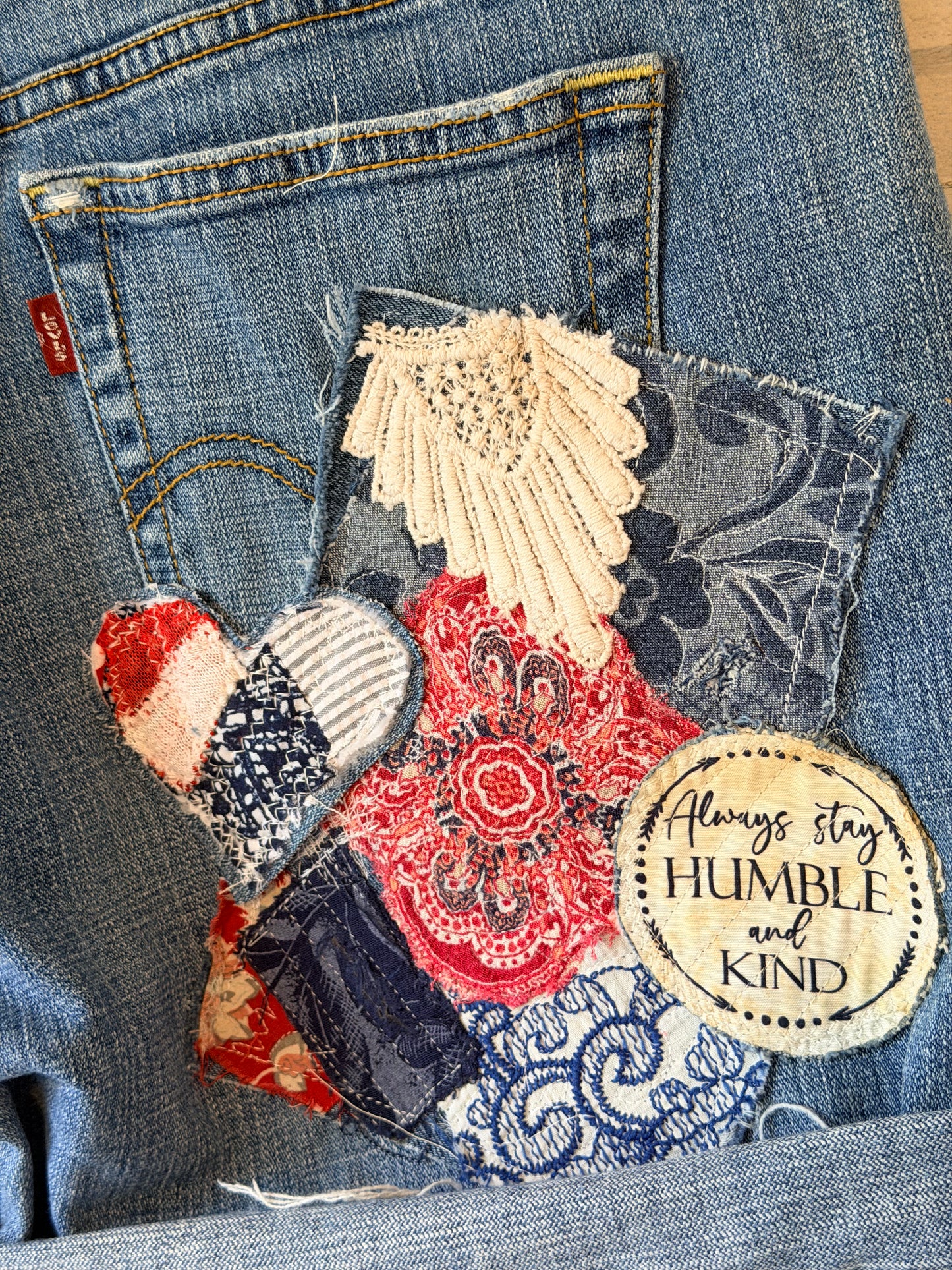 Boho patched jean shorts, upcycled patriotic denim, fabric art handmade denim