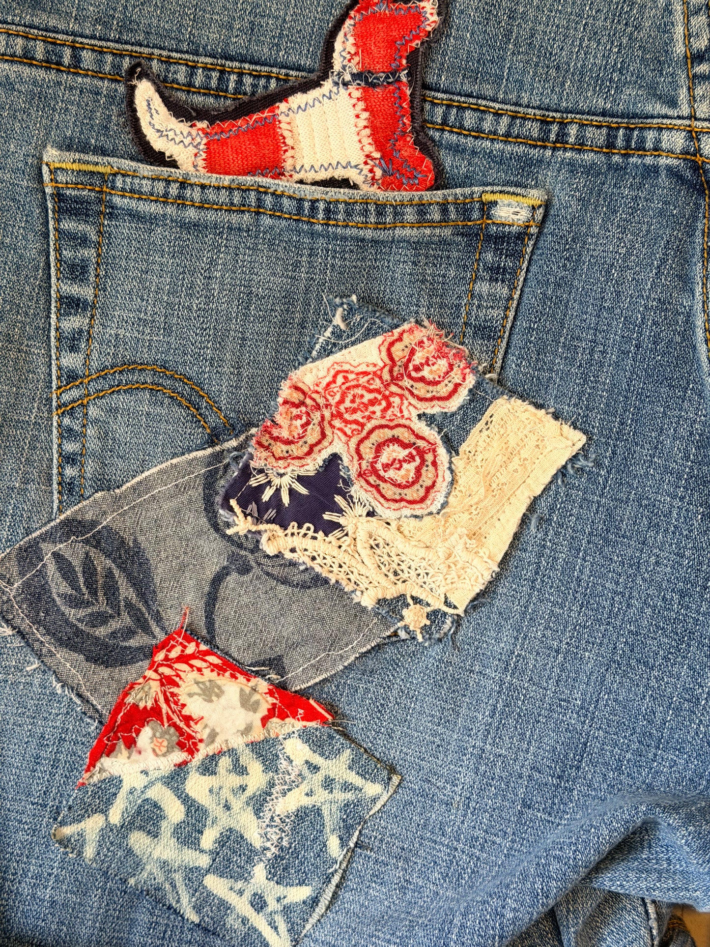 Boho patched jean shorts, upcycled patriotic denim, fabric art handmade denim