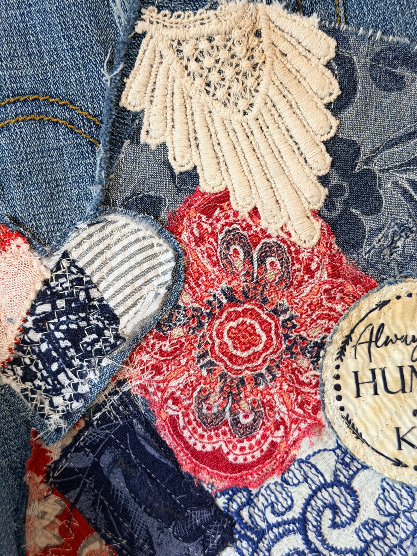 Boho patched jean shorts, upcycled patriotic denim, fabric art handmade denim