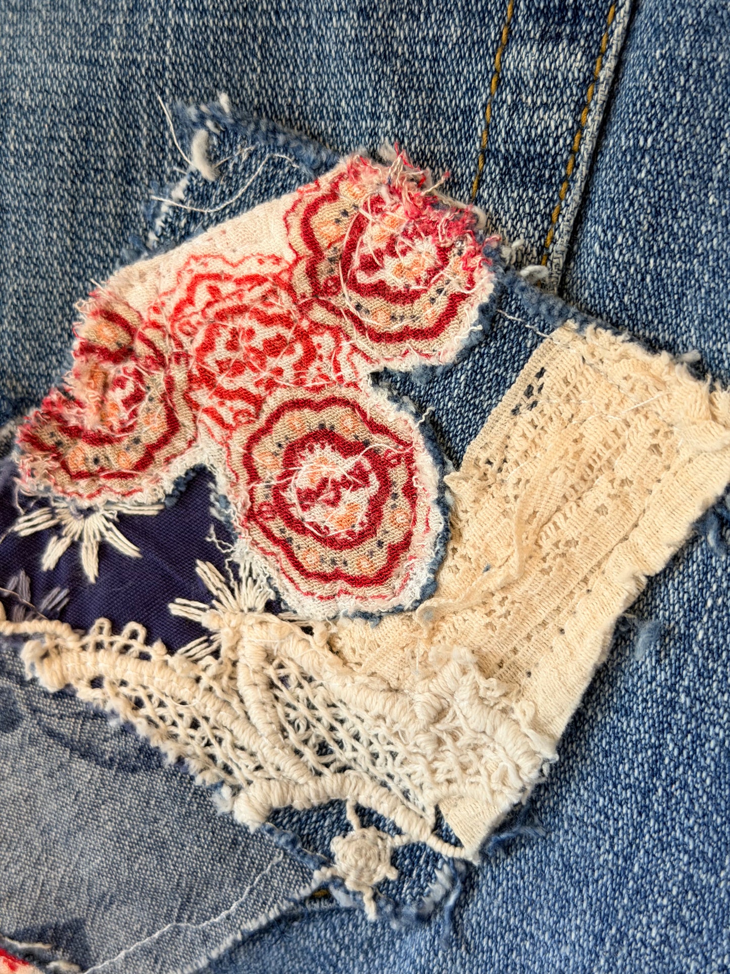 Boho patched jean shorts, upcycled patriotic denim, fabric art handmade denim