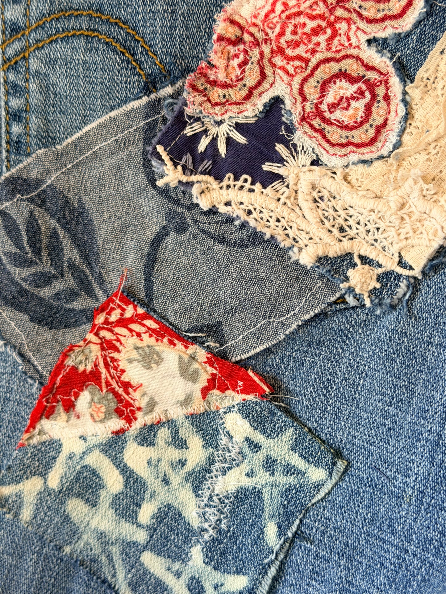 Boho patched jean shorts, upcycled patriotic denim, fabric art handmade denim