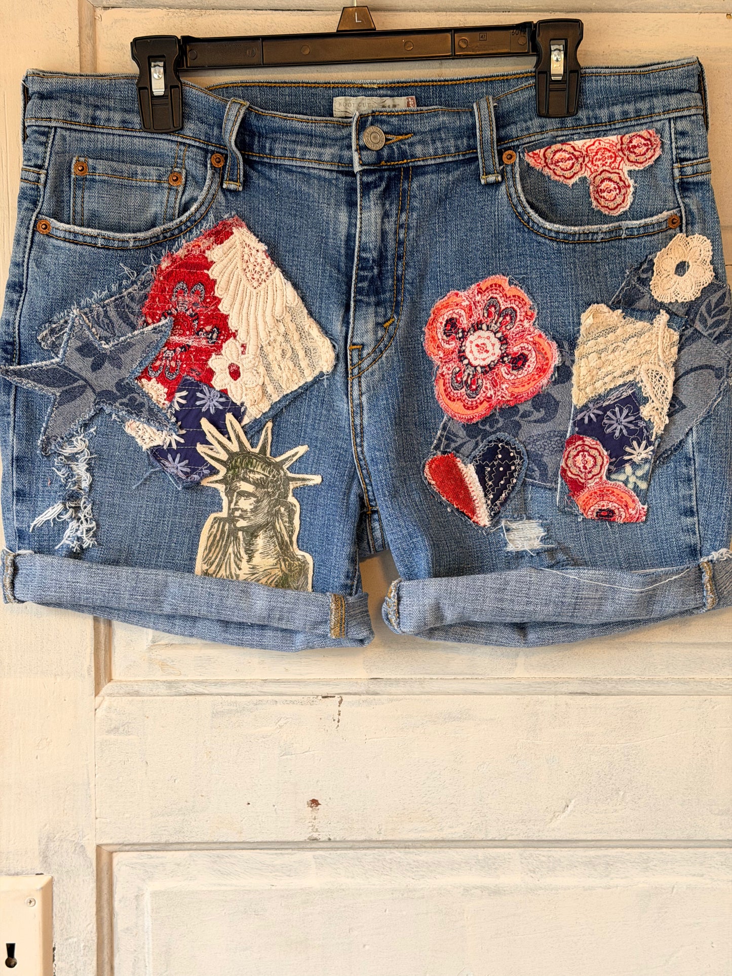 Boho patched jean shorts, upcycled patriotic denim, fabric art handmade denim