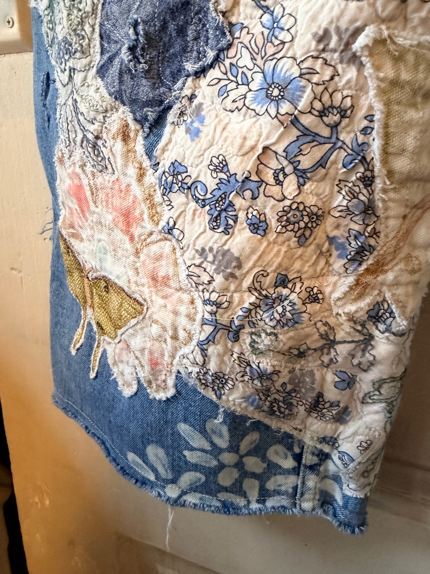 Patchwork upcycled denim jeans, boho hippie style distressed denim, front and frayed jeans
