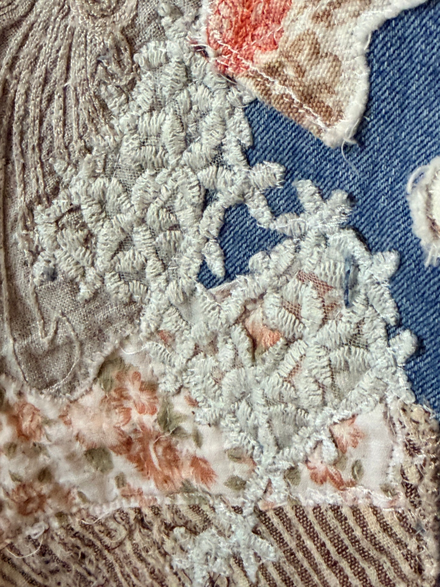 Patchwork upcycled denim jeans, boho hippie style distressed denim, front and frayed jeans