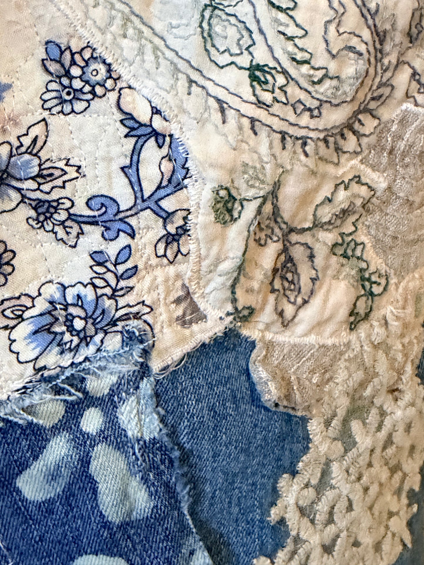 Patchwork upcycled denim jeans, boho hippie style distressed denim, front and frayed jeans