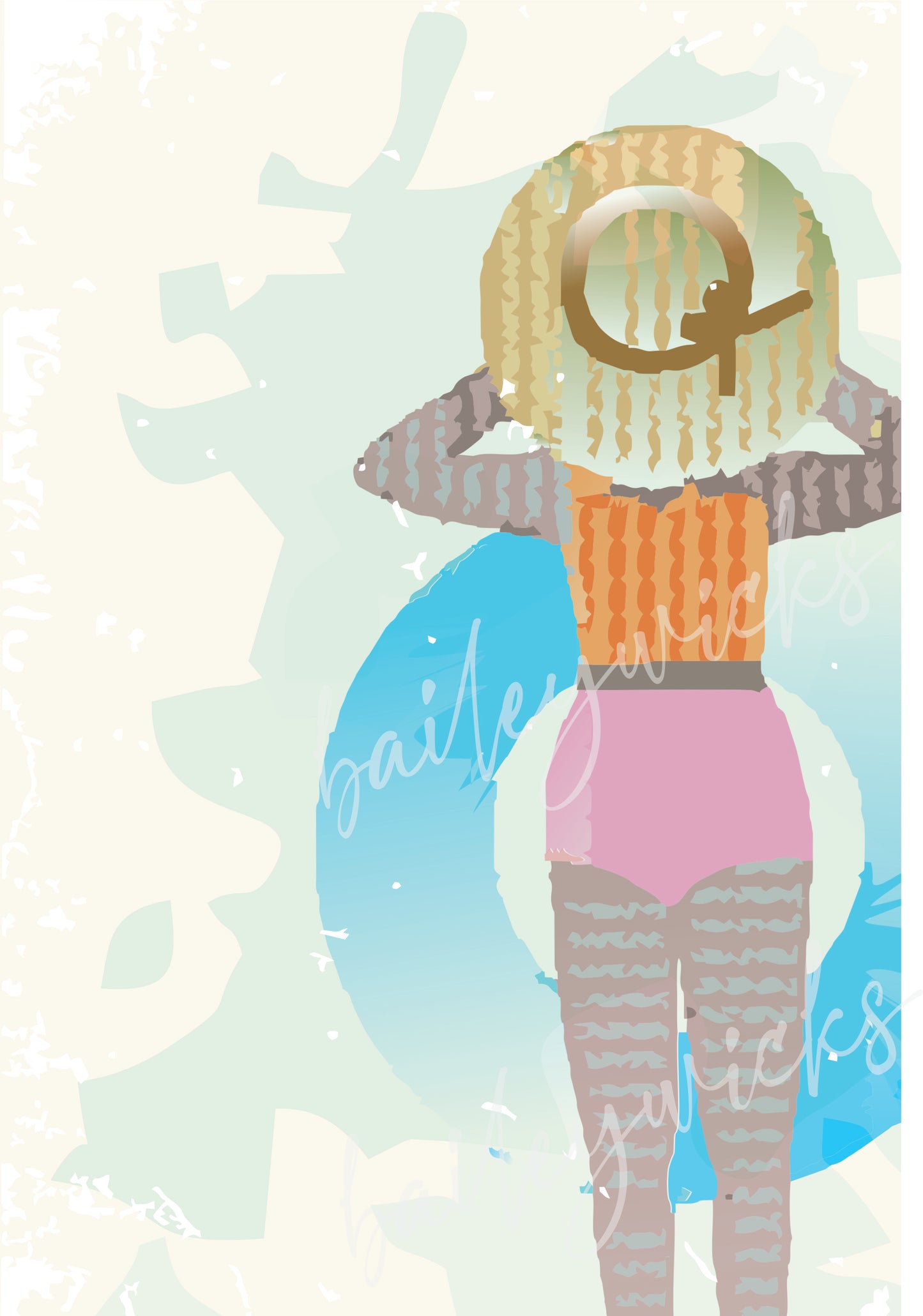 Watercolor lady floating in an innertube, graphic art file