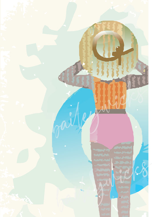 Watercolor lady floating in an innertube, graphic art file
