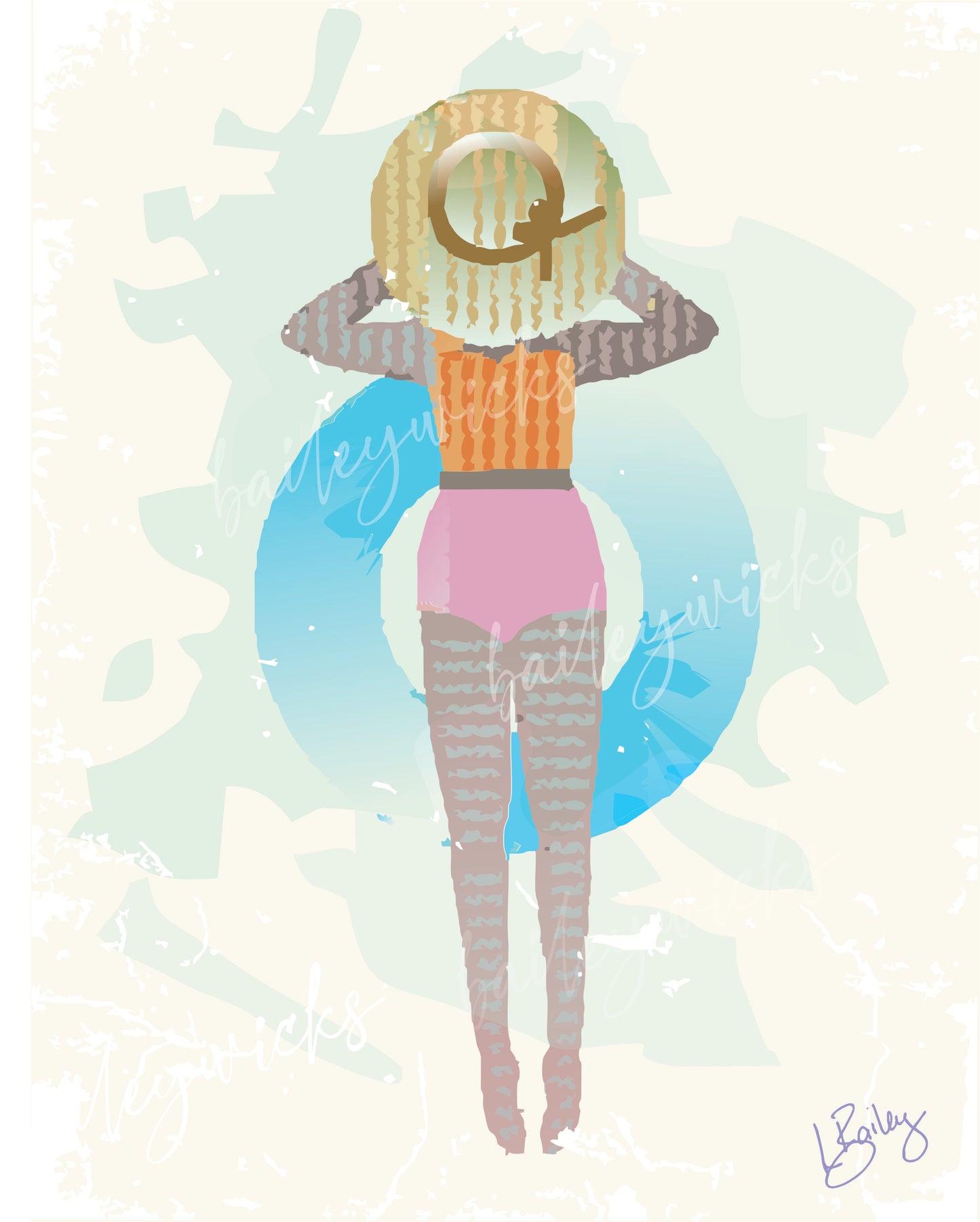 Watercolor lady floating in an innertube, graphic art file