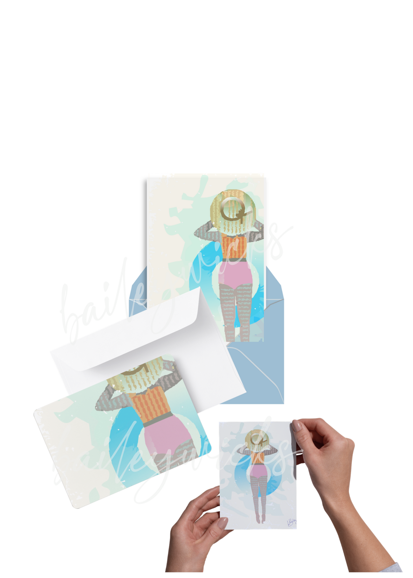 Watercolor lady floating in an innertube, graphic art file