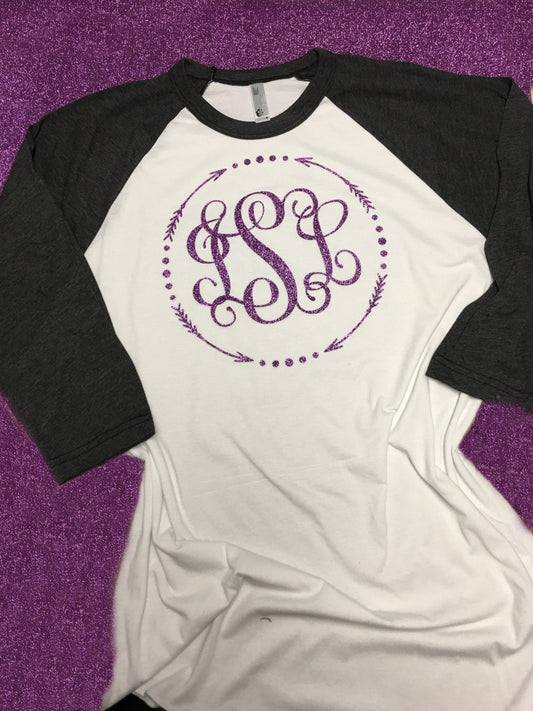 monogrammed raglan shirt, glitter monogrammed shirt